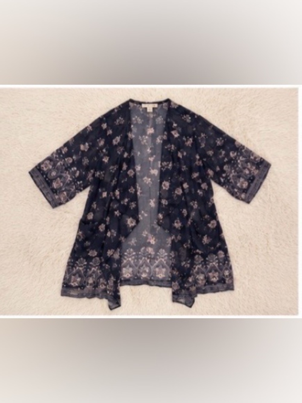 Band of Gypsies Navy Floral Kimono Cardigan Boho Open Front Cover Up Medium - Picture 5 of 7